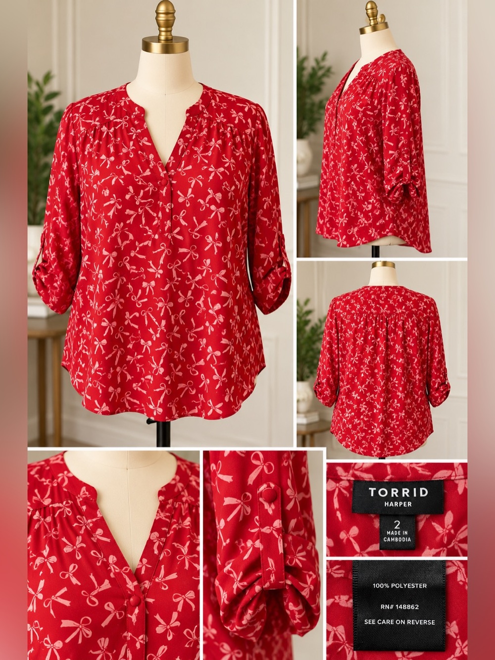 Torrid Harper Red Bow Print Blouse 3/4 Sleeve V-Neck Size 2 2X